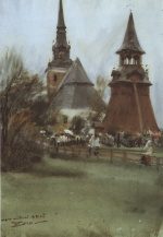 Bild:Mora Jahrmarkt (Kirche und Glockenturm)