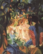 August Macke  - paintings - Badende Maedchen mit Stadt im Hintergrund