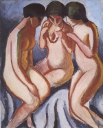 August Macke  - Peintures - Trois femmes nues avec fond bleu