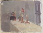 Anna Ancher - paintings - Der Geburtstag (Eine Frau am Ende eines Tisches mit Kerzen und Flagge)