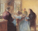 Anna Ancher - paintings - Drei alte Naeherinnen (Ein blaues Kleid wird fuer ein Kostuemfest genaeht)