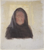 Bild:Dunkelgekleidete ältere Frau mit schwarzem Kopftuch vor einer gelben Wand