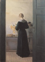 Anna Kristine Ancher - paintings - Ein junges Maedchen ordnet Blumen