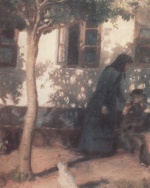 Bild:Frau mit Kind vor einem Haus