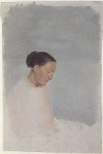 Anna Ancher  - paintings - Frau vor der blauen Wand eines Raumes im Bett sitzend