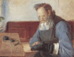 Anna Ancher  - Bilder Gemälde - Interieur mit Mann, Strümpfe stopfend