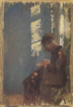 Anna Kristine Ancher  - paintings - Interieur mit naehender Frau und lesender Frau (Lizzy Hohlenberg)