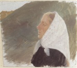 Bild:Junge dunkelgekleidete Frau mit weißem Kopftuch in einer Düne sitzend