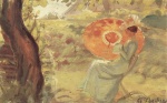 Bild:Junges Mädchen im Garten mit orangefarbenem Sonnenschirm