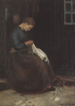 Anna Ancher  - Peintures - Jeune fille cousant devant une porte d´entrée