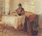 Anna Ancher  - Bilder Gemälde - Michael Ancher beim Frühstück vor der Jagd