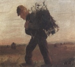 Bild:Per Bollerhus mit Reisigbündel in die Heide gehend