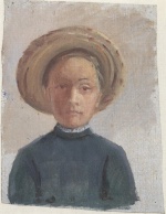 Bild:Portrait einer Frau mit Strohhut und grünem Kleid