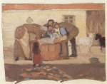 Anna Ancher  - Peintures - Bain des moutons devant une maison