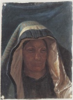 Bild:Weibliche Modellfigur mit drapierter Kopfbedeckung im Stile Rembrandts