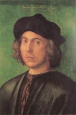 Albrecht Dürer  - paintings - Portrait eines jungen Mannes vor gruenem Hintergrund