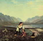 Adrian Ludwig Richter - Peintures - Jeune fille sur une prairie (vallée de l'Inn près de Hall)