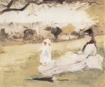 Bild:Frau und Kind auf einem Feld sitzend