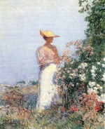 Childe Hassam - Peintures - Dame dans un jardin fleuri