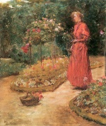 Childe Hassam  - Peintures - Femme coupant des roses dans un jardin
