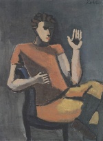 Bild:Sitzender mit erhobener Hand