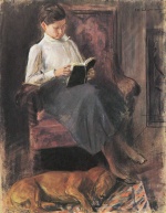 Bild:Die Tochter des Künstlers im Lehnstuhl sitzend und lesend, zu ihren Füßen der Dackel Männe