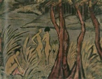 Bild:Drei Badende und rotbraune Bäume