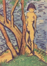 Otto Mueller - paintings - Stehender Mädchenakt vor Bäumen