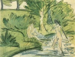 Otto Mueller  - Peintures - Deux jeunes filles se baignant dans un étang en forêt