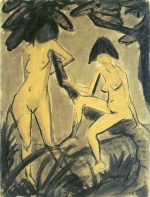 Otto Mueller  - paintings - Zwei weibliche Akte am Baum