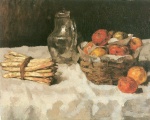Bild:Äpfel auf Weiss mit Körbchen, Zinnkrug und Spargelbund