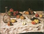 Carl Schuch - Peintures - Pommes sur une nappe blanche avec carafe d´eau et coupe de fruits