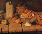 Carl Schuch - Peintures - Pommes et coupe de fruits, bouteilles et bocal de conserves 