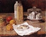 Bild:Flaschen, Käse, Äpfel und ein Glas mit Eingemachten