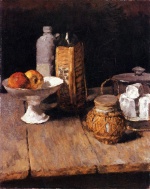 Bild:Fruchtschale mit zwei Äpfeln, Steingut- und Maraschinoflasche, Ingwerdose und Käseglocke