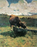 Giovanni Segantini - Bilder Gemälde - Braune Kuh an der Tränke