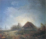 Adalbert Stifter - paintings - Westungarische Landschaft mit Hütten und aufgehendem Mond