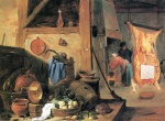 David Teniers  - Peintures - Ustensiles de cuisine avec carcasse de bœuf