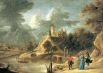 Bild:Landschaft mit Burg und feinen Leuten