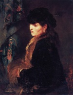 Heinrich Wilhelm Trübner - Peintures - Dame devant une tapisserie