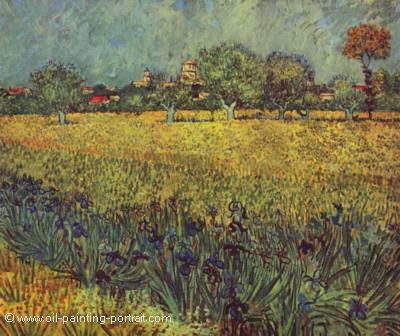 Blick auf Arles mit Schwertlilien