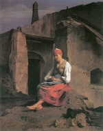 Ferdinand Georg Waldmüller - Peintures - Vieille femme devant les ruines d'une maison incendiée