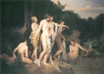 Ferdinand Georg Waldmüller - Peintures - Femmes se baignant dans un ruisseau en forêt