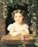 Ferdinand Georg Waldmueller - Peintures - Portrait de la comtesse agée de 4 ans E., à la fenêtre aux feuilles de vigne 