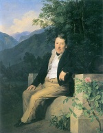 Ferdinand Georg Waldmueller - Peintures - Portrait du baron von Moser face au paysage de Salzkammergut 