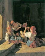 Ferdinand Georg Waldmüller  - paintings - Kinder schmücken den Hut eines Konskribierten