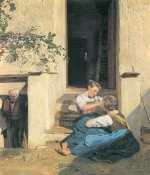 Ferdinand Georg Waldmueller  - paintings - Kranzbindende Mädchen