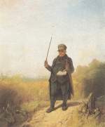 Carl Spitzweg  - Peintures - Le prêtre du village chantant lors d’une promenade, avec son bréviaire et un parapluie
