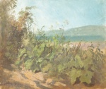 Carl Spitzweg  - Bilder Gemälde - Huflattich, Stauden und Gebüsch am Ufer des Starnberger Sees
