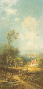Carl Spitzweg  - Peintures - Paysage avec village, paysanne et deux enfants